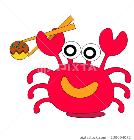 一隻螃蟹正在吃章魚燒，章魚燒是大阪的一種流行美食。 139094072
