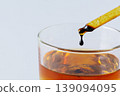 Drop of iodine falling from pipette into glass of water. Concept of antiseptic solution, healthcare, and iodine use for thyroid protection in case of radiation exposure. Medical and safety theme. 139094095