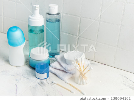 Skincare products and hygiene items for daily wellness routine Skincare products and hygiene items for daily wellness routine 139094161