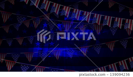 Independence Day. A festive, chaotic card with garlands and a silhouette of the US flag Independence Day. A festive, chaotic card with garlands and a silhouette of the US flag 139094236