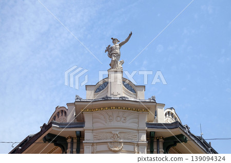 Mercury, the Roman God, at the top of the Galeria Emporium, former Mercure Center (1903), Ljubljana, Slovenia 139094324