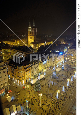 Evening view of Ban Jelacic square decorated with Christmas lights in Zagreb, Croatia Evening view of Ban Jelacic square decorated with Christmas lights in Zagreb, Croatia 139094346