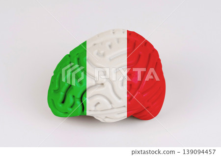 On a white background, a model of the brain with a picture of a flag - Italy 139094457