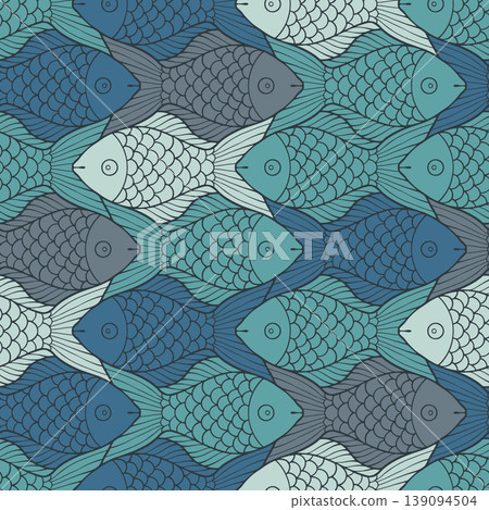 Seamless vector fish tessellation pattern in blue tones for modern marine textile and packaging design Seamless vector fish tessellation pattern in blue tones for modern marine textile and packaging design 139094504