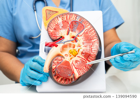 Chronic kidney disease, Asian woman with model for treatment urinary system, urology, Estimated glomerular filtration rate eGFR. Chronic kidney disease, Asian woman with model for treatment urinary system, urology, Estimated glomerular filtration rate eGFR. 139094590