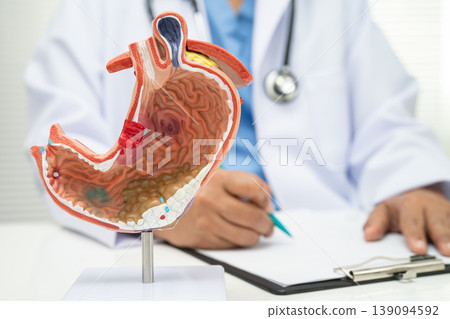 Stomach disease, doctor holding anatomy model for study diagnosis and treatment in hospital. Stomach disease, doctor holding anatomy model for study diagnosis and treatment in hospital. 139094592