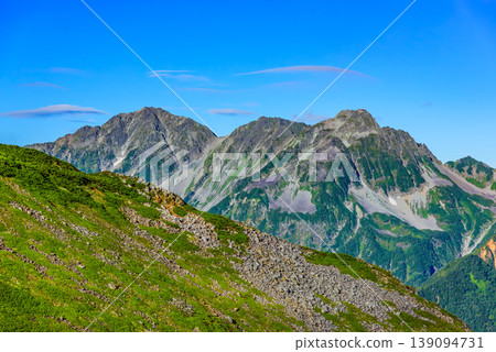 從北阿爾卑斯山脈的約嫩山上可以俯瞰穗高山脈全景，展現出崎嶇的岩壁和雄偉的山峰在晨曦中熠熠生輝。 139094731