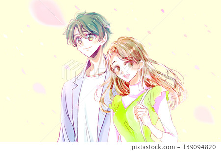 一對男女外出;春天的景象;櫻花飄落。 一對男女外出;春天的景象;櫻花飄落。 139094820