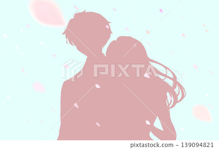 A man and woman going out; a spring image; cherry blossoms falling; silhouettes. 139094821