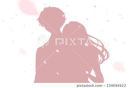 一對男女外出;春天的景象;櫻花飄落;剪影。 一對男女外出;春天的景象;櫻花飄落;剪影。 139094822