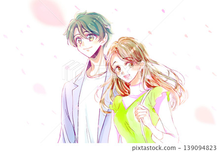 A man and woman going out; a spring image; cherry blossoms falling. 139094823