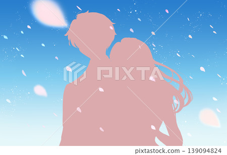 A man and woman going out; a spring image; cherry blossoms falling; silhouettes. A man and woman going out; a spring image; cherry blossoms falling; silhouettes. 139094824
