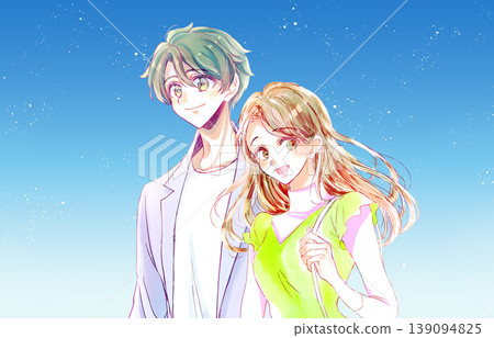 一對男女外出;春意盎然的景象;藍天白雲。 一對男女外出;春意盎然的景象;藍天白雲。 139094825