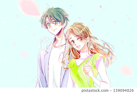 一對男女外出;春天的景象;櫻花飄落。 一對男女外出;春天的景象;櫻花飄落。 139094826