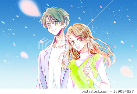 一對男女外出;春天的景象;櫻花飄落。 一對男女外出;春天的景象;櫻花飄落。 139094827