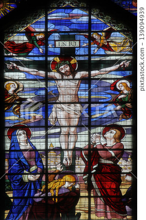 Crucifixion, Jesus on the cross, stained glass window from Saint-Jean de Montmartre church, Paris Crucifixion, Jesus on the cross, stained glass window from Saint-Jean de Montmartre church, Paris 139094939