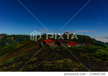 Night view from Chogatake Hutte in the Northern Alps: The Big Dipper shining in the night sky over Mt. Jonen and Mt. Otensho. 139095100