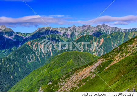 A spectacular panoramic view of the Yari-Hotaka mountain range, seen over the ridge of Mt. Jonen in the Northern Alps, during a traverse hike. A spectacular panoramic view of the Yari-Hotaka mountain range, seen over the ridge of Mt. Jonen in the Northern Alps, during a traverse hike. 139095128