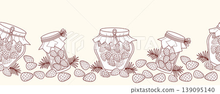 Outline Seamless Border with Pine Cone Jam Jars on White Background. Ribbon With Glass Bottles Mugolio with Forest Syrup. Botanical Horizontal Washi Tape. Vector Illustration. line Art coloring page. Outline Seamless Border with Pine Cone Jam Jars on White Background. Ribbon With Glass Bottles Mugolio with Forest Syrup. Botanical Horizontal Washi Tape. Vector Illustration. line Art coloring page. 139095140
