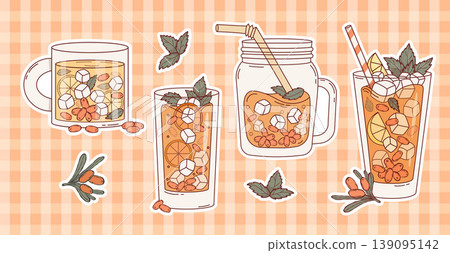 Sea Buckthorn Drinks Sticker Planner Set. Healthy Homemade Hot Iced Tea, Lemonade and Cocktails with Berries, Mint and Citrus. Isolated orange Beverage Hand Drawn on Checkered. Vector Illustration Sea Buckthorn Drinks Sticker Planner Set. Healthy Homemade Hot Iced Tea, Lemonade and Cocktails with Berries, Mint and Citrus. Isolated orange Beverage Hand Drawn on Checkered. Vector Illustration 139095142