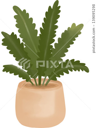 A soft digital illustration of a leafy ornamental houseplant in a rounded beige pot. 139095298