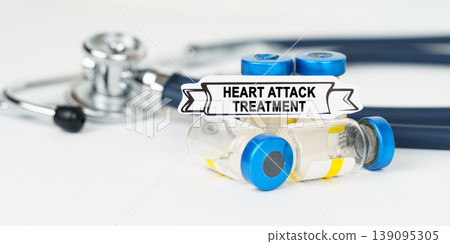 On the table there is a stethoscope, injections and a sign with the inscription - heart attack treatment On the table there is a stethoscope, injections and a sign with the inscription - heart attack treatment 139095305