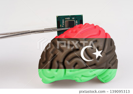 On a white background, a model of the brain with a picture of a flag - Libya, a microcircuit, a processor, is implanted into it. 139095313