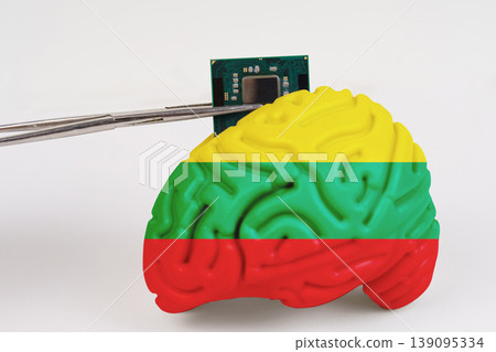 On a white background, a model of the brain with a picture of a flag - Lithuania, a microcircuit, a processor, is implanted into it. 139095334