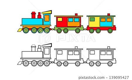 Illustration of train good for kids coloring pictures. Black white and colorful train suitable to use for children drawing coloring page 139095427