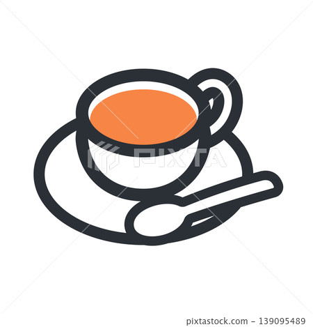 茶杯、茶碟和湯匙的簡單圖示插圖。 茶杯、茶碟和湯匙的簡單圖示插圖。 139095489