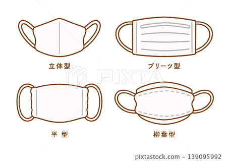Four-piece illustration set of different mask types: 3D, pleated, flat, and leaf-shaped. 139095992