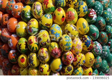 Easter eggs exposed in front of the parish church of St. Stephen in Wasseralfingen, Germany Easter eggs exposed in front of the parish church of St. Stephen in Wasseralfingen, Germany 139096025