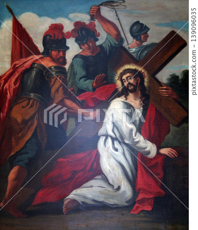 3rd Stations of the Cross, Jesus falls the first time, church of St. Agatha in Schmerlenbach, Germany 3rd Stations of the Cross, Jesus falls the first time, church of St. Agatha in Schmerlenbach, Germany 139096035
