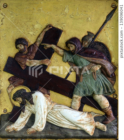 Jesus falls the third time, 9th Stations of the Cross in Hohenberg, Germany 139096041