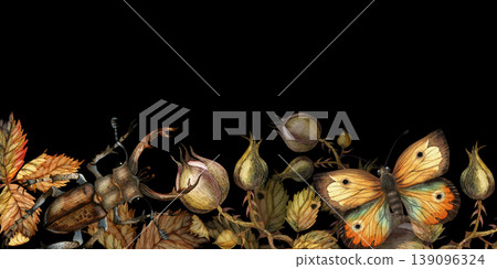 Beetles and butterflies among branches with buds and leaves. Watercolor banner on black background Beetles and butterflies among branches with buds and leaves. Watercolor banner on black background 139096324