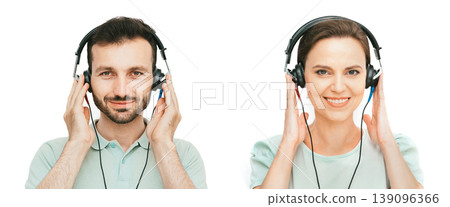 Hearing test, audiometry. Man and woman wearing headphones getting hearing diagnostic, isolated on white 139096366