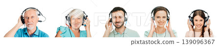 Hearing test, hearing diagnostic, audiometry. People of all ages have a hearing test with special headphones. Audiology for the whole family 139096367
