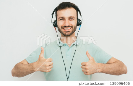 Hearing test, hearing diagnostic. A man wearing headphones having an audiometry . Hearing check-up 139096406