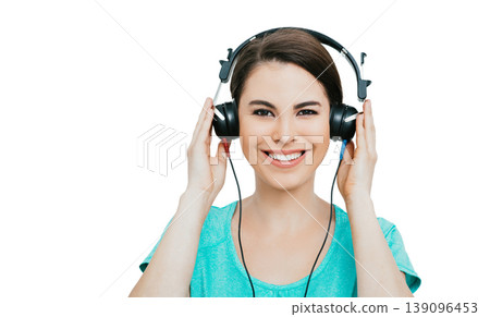 Hearing test, hearing diagnostic. Smiling Hispanic woman wearing headphones having an audiometry test, isolated in white 139096453