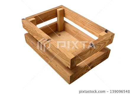 Empty wooden box isolated on white background at an angle. Empty wooden box isolated on white background at an angle. 139096548