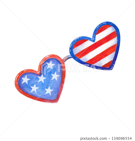 Heart-shaped sunglasses with the US flag. Watercolor illustration in blue and red, isolated. Hand-drawn festive accessory for festival or holiday decorations. 139096554