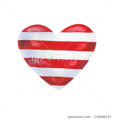 Heart with red and white stripes, isolated watercolor illustration. Hand drawn composition in a simple style for festivals, holidays, and print. Heart with red and white stripes, isolated watercolor illustration. Hand drawn composition in a simple style for festivals, holidays, and print. 139096555