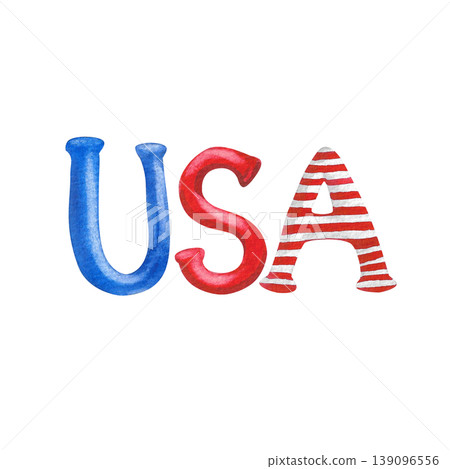 USA inscription, isolated. Colorful, playful hand drawn letters. Red and blue, the national colors. Watercolor illustration of a festive composition for a festival, holiday, or print. 139096556