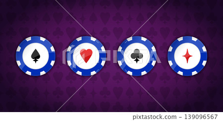 Set of casino chips with playing card suits symbols Hearts, Spades, Diamonds and Clubs on purple gradient background. Vector illustration Set of casino chips with playing card suits symbols Hearts, Spades, Diamonds and Clubs on purple gradient background. Vector illustration 139096567