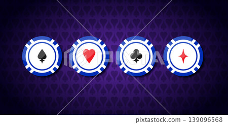 Casino chips with playing card suits symbols Hearts, Spades, Diamonds and Clubs on purple gradient background. Vector illustration Casino chips with playing card suits symbols Hearts, Spades, Diamonds and Clubs on purple gradient background. Vector illustration 139096568