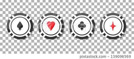 Casino chips with playing card suits symbols Hearts, Spades, Diamonds and Clubs on checkered background. Vector illustration 139096569