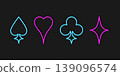 Neon outline icons of playing card suits. Spades, Hearts, Diamonds and Clubs symbols. Vector illustration 139096574