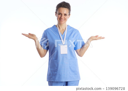 Welcoming Female Doctor with Open Arms Gesture Welcoming Female Doctor with Open Arms Gesture 139096728