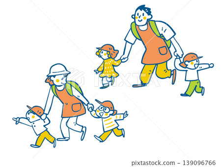 Male and female childcare workers supporting society; teachers taking children for walks; children's growth; childcare support; daily life; cooperation. Male and female childcare workers supporting society; teachers taking children for walks; children's growth; childcare support; daily life; cooperation. 139096766