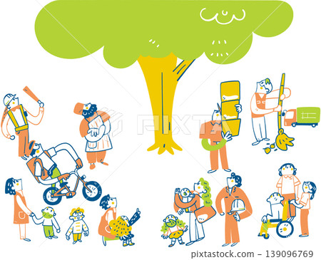 A group portrait of workers looking up to the future: Blue-collar workers, a multi-generational hope supporting society and life, a big tree, solidarity. A group portrait of workers looking up to the future: Blue-collar workers, a multi-generational hope supporting society and life, a big tree, solidarity. 139096769